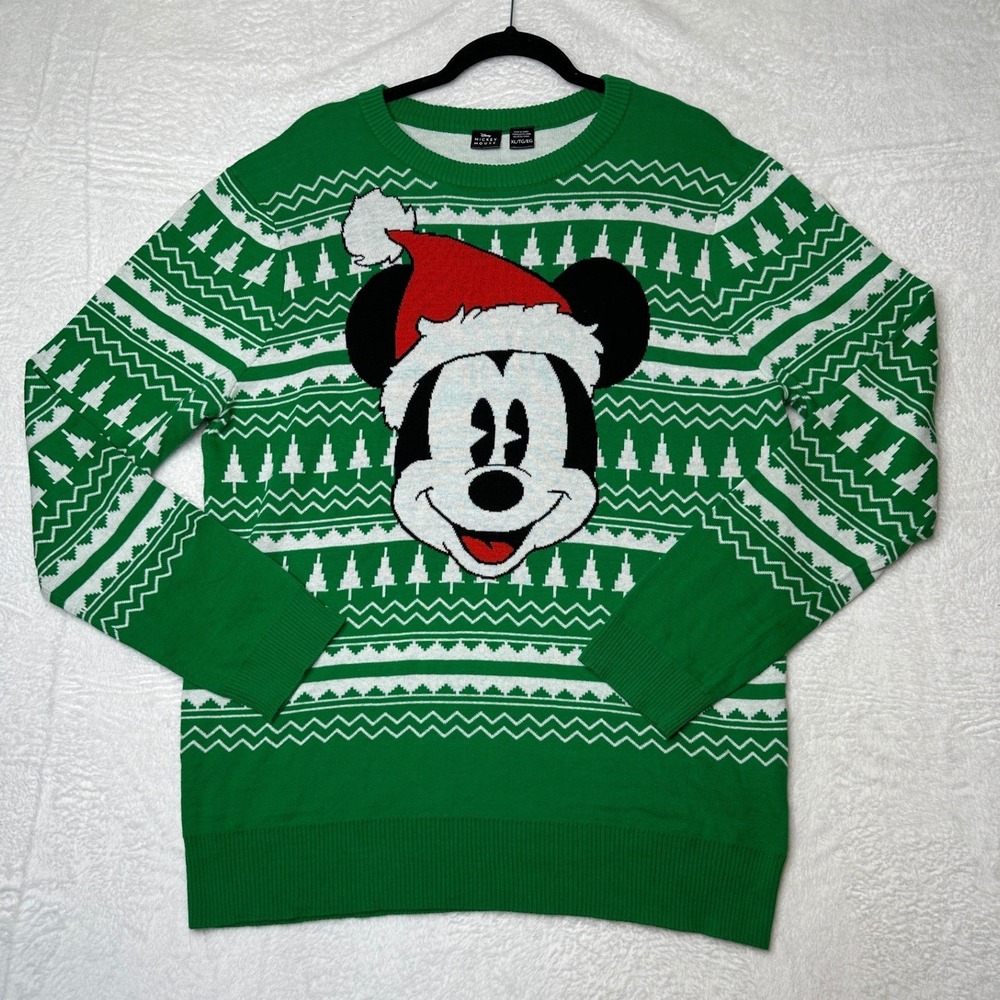 Disney Mickey Mouse Sweater Unisex XL Green Santa Hat Fair Isle Holiday
